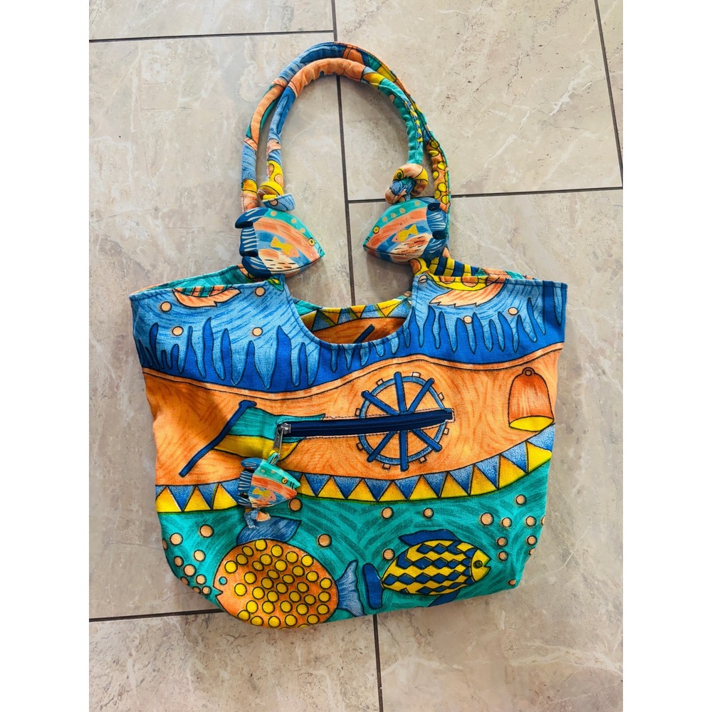Vintage Tropical Fish Canvas Tote Bag Nautical Hand Painted Style Shoulder Bag
